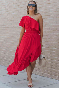 Women's Sexy Casual Sundress One-Shoulder Asymmetrical Red Maxi Dress