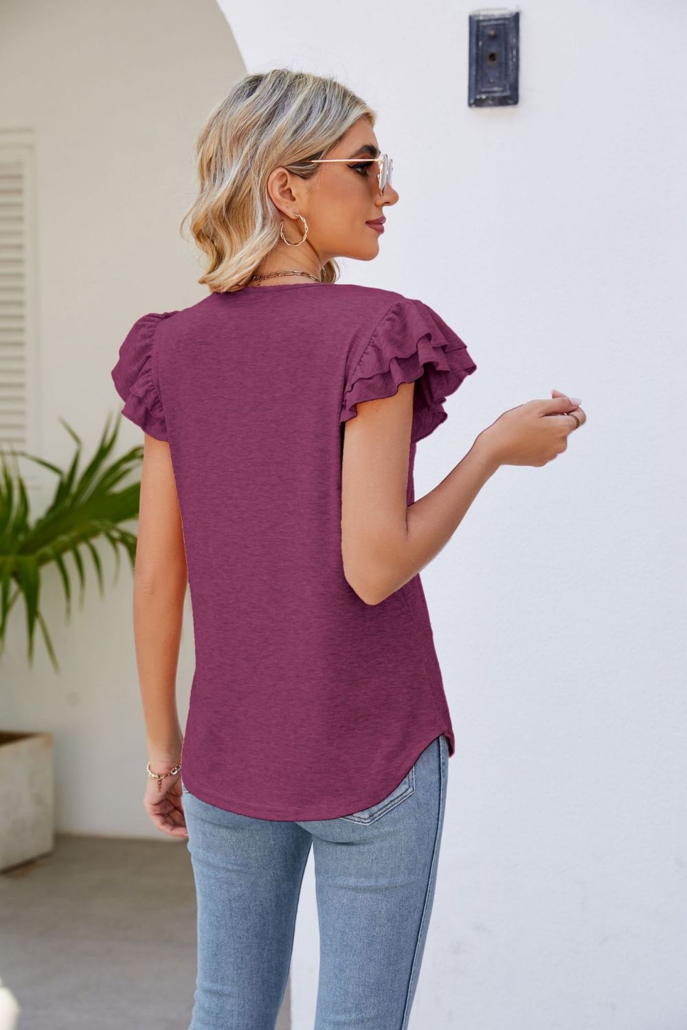 KESLEY Womens Short Sleeve Shirt Smocked Flutter Sleeve V-Neck Top