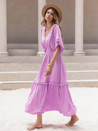 Tassel Trim Smocked V-Neck Short Sleeve Maxi Dress