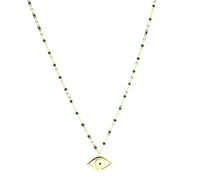 evil eye necklace gold green beads enamel charm waterproof hypoallergenic emerald green necklace short chokers unique men and woman gift idea shopping in Brickell, Miami unique jewelry store Kesley Boutique 