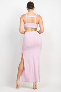 Ladies Pink Dress Waist Cutouts High Slit Casual Vacation Maxi Dress