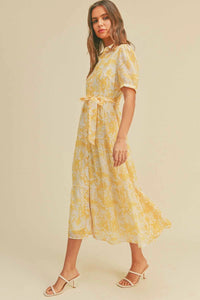 Button closure waist belt puff sleeve dress