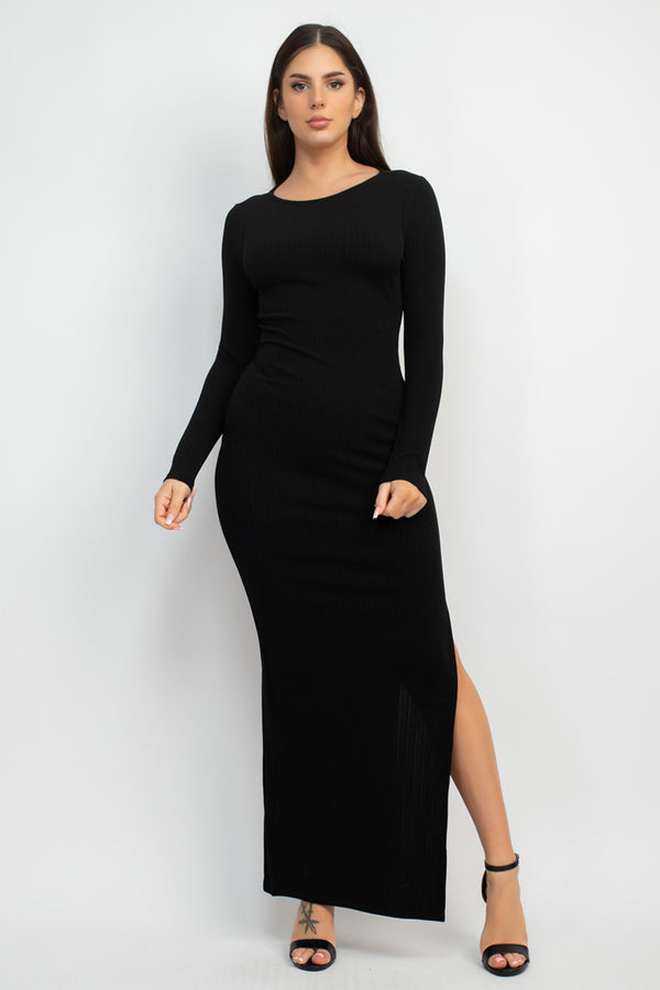 Black Long Sleeve Dress Side High Slit Bodycon Maxi Dress