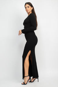 Black Long Sleeve Dress Side High Slit Bodycon Maxi Dress