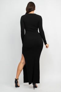 Black Long Sleeve Dress Side High Slit Bodycon Maxi Dress