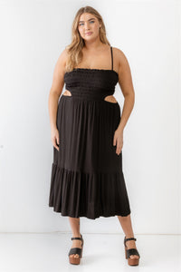 Black Plus Size Dress Boho Fashion Smocked Cut-out Strappy Flare Hem Midi Dress MADE IN USA FASHION