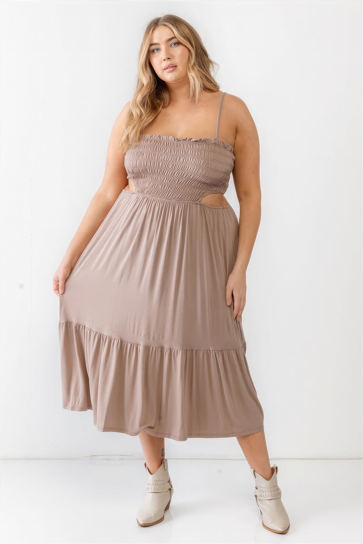 Plus Size Casual Vacation Dress Smocked Cut-out Strappy Flare Hem Midi Dress MADE IN USA Fashion