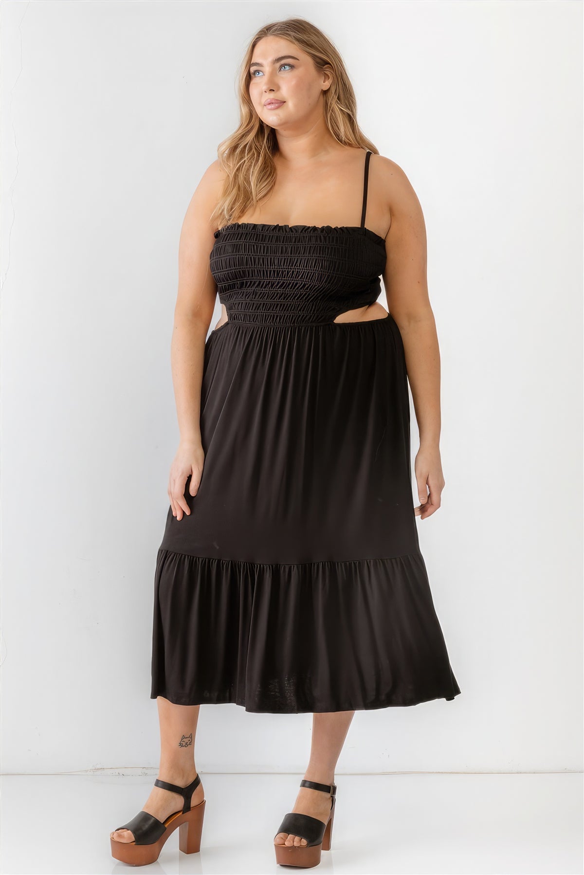 Black Plus Size Dress Boho Fashion Smocked Cut-out Strappy Flare Hem Midi Dress MADE IN USA FASHION