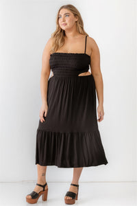 Black Plus Size Dress Boho Fashion Smocked Cut-out Strappy Flare Hem Midi Dress MADE IN USA FASHION