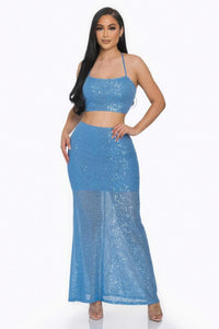 Blue Sequin Matching Outfit Set Sexy Crop top and  Maxi Skirt Fashion Set Ladies Party Shiny Dress