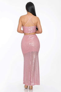 Pink Sequin Matching Outfit Set Women's Sexy Crop top and Maxi Skirt Fashion Set Party Dress