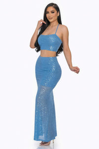 Blue Sequin Matching Outfit Set Sexy Crop top and  Maxi Skirt Fashion Set Ladies Party Shiny Dress