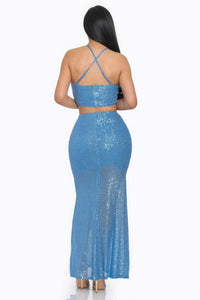 Blue Sequin Matching Outfit Set Sexy Crop top and  Maxi Skirt Fashion Set Ladies Party Shiny Dress