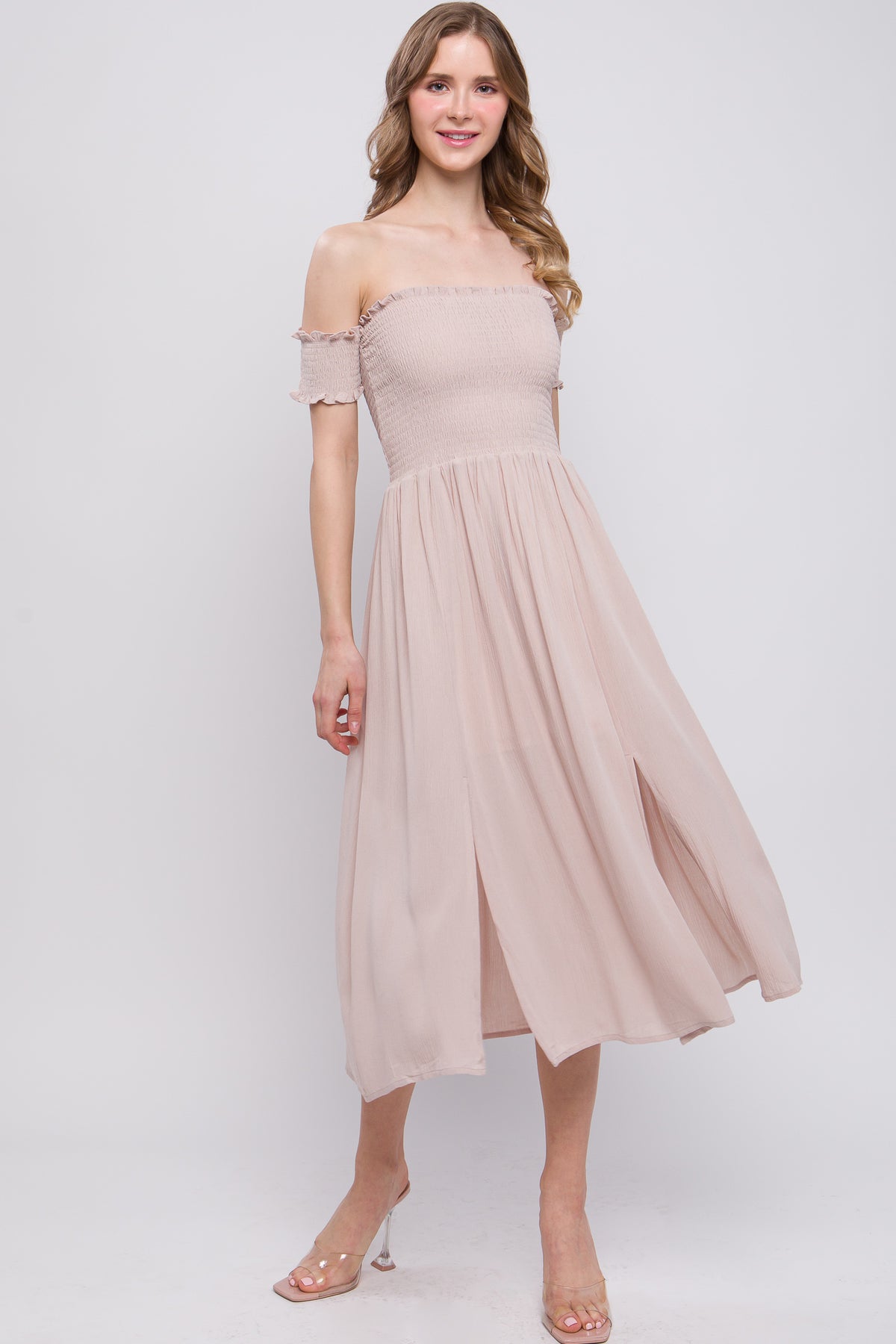 Nude Off The Shoulder Flowy  Dress Women's Fashion Casual Dresses