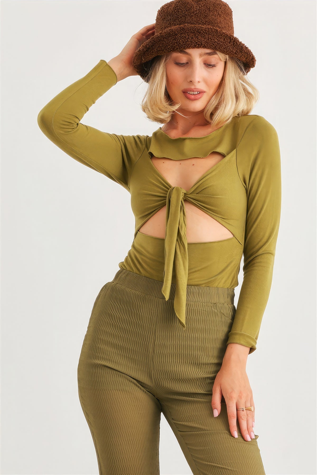 Long Sleeve Bodysuit Women's Fashion Sexy Green Cut-out Tie Long Sleeve Knit Top