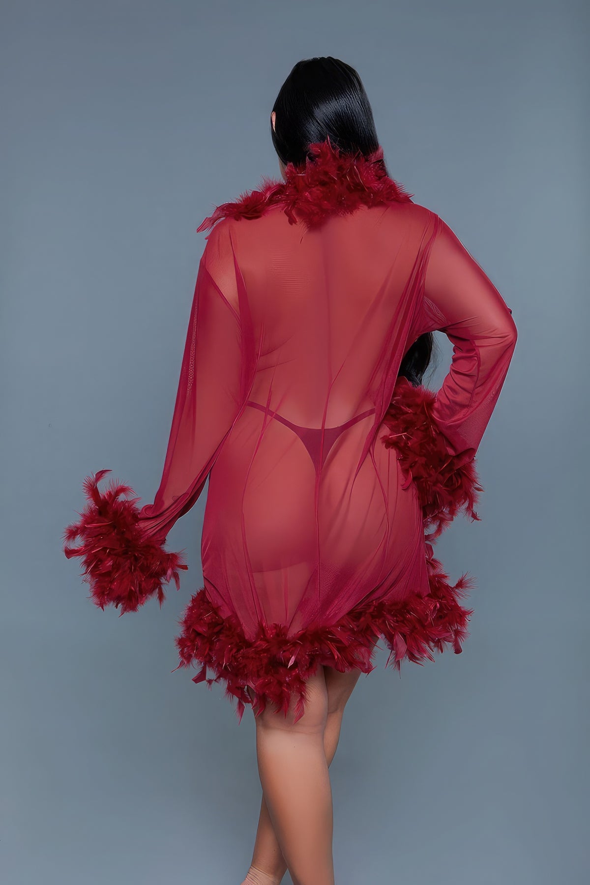 Red Feather Robe With Ribbon Ties Women's Loungewear and Lingerie Fashion