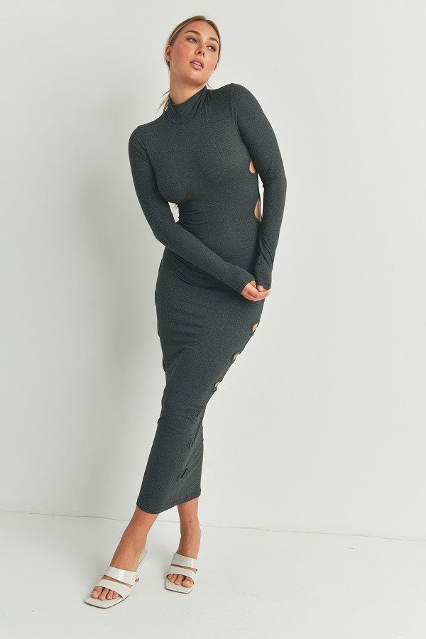 Women's Sexy Casual Long Black Dress Made in USA, Sexy Side Cutout Detail Turtleneck Long Sleeve Maxi Dress new ladies Fashion