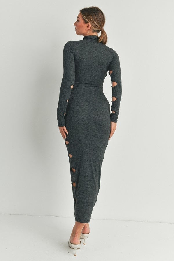 Women's Sexy Casual Long Black Dress Made in USA, Sexy Side Cutout Detail Turtleneck Long Sleeve Maxi Dress new ladies Fashion