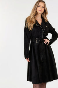 Women's Black Trench Coat Jacket Waist Belt Tacked Faux Suede Coat Solid Coat KESLEY