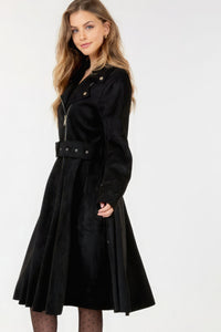 Women's Black Trench Coat Jacket Waist Belt Tacked Faux Suede Coat Solid Coat KESLEY