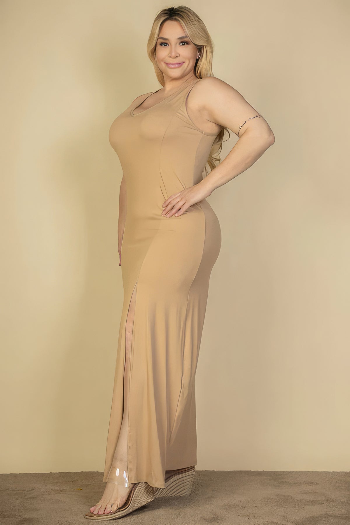 Plus Size Casual V Neck High Slit Maxi Dress Women's Fashion