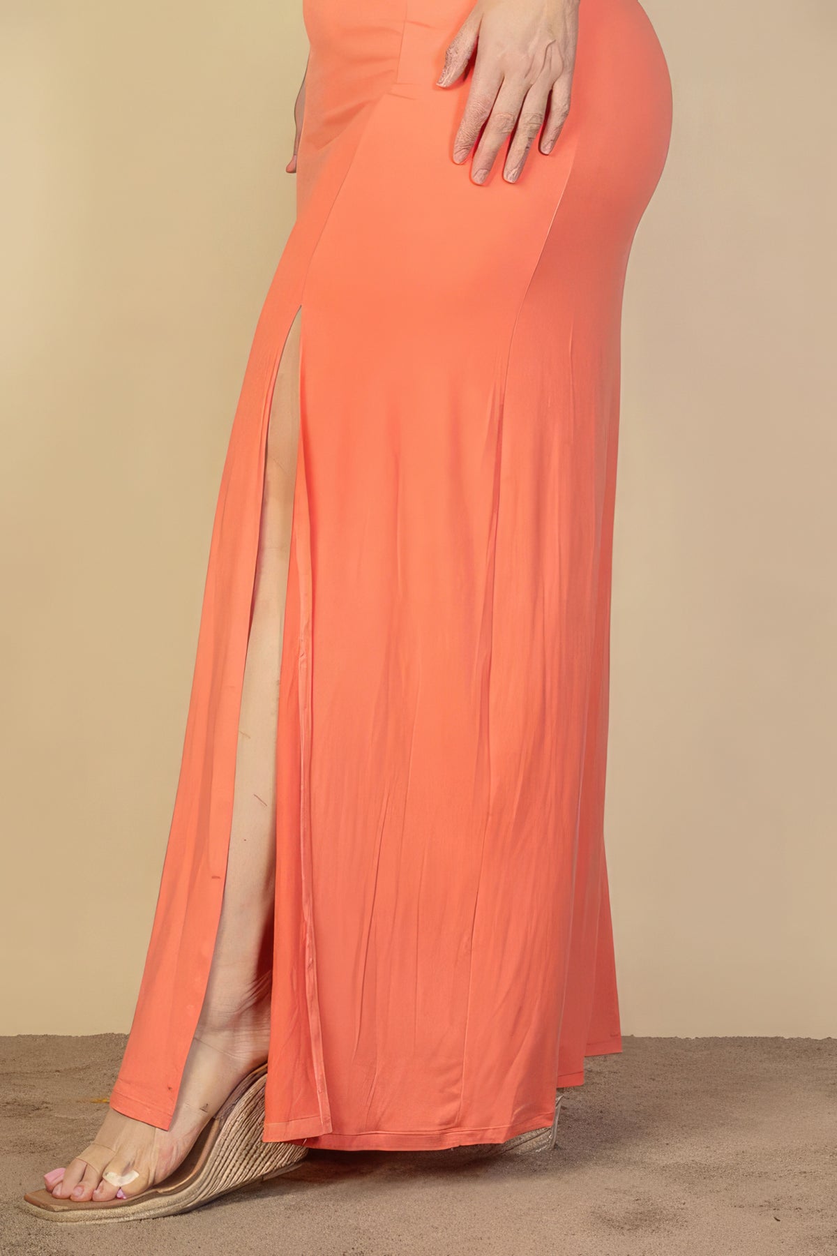 Plus Size Maxi Dress Women's Orange Sexy V Neck Thigh High Slit Long Dress