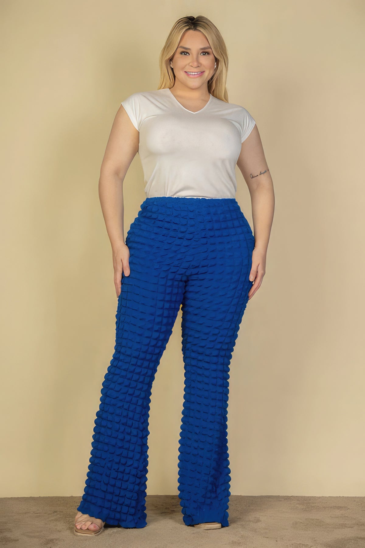 Plus Size Flare Pants Royal Blue Bubble Fabric Women's Bottoms Plus Size Fashion