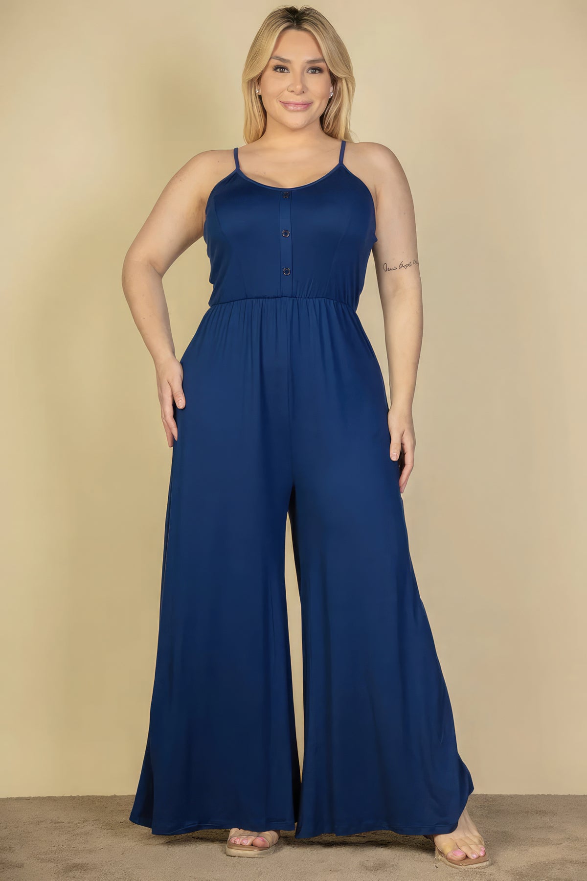 Women's Plus Size Navy Blue Wide Leg Jumpsuit Button Front spaghetti sleeves Long Pants Romper