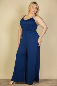 Women's Plus Size Navy Blue Wide Leg Jumpsuit Button Front spaghetti sleeves Long Pants Romper