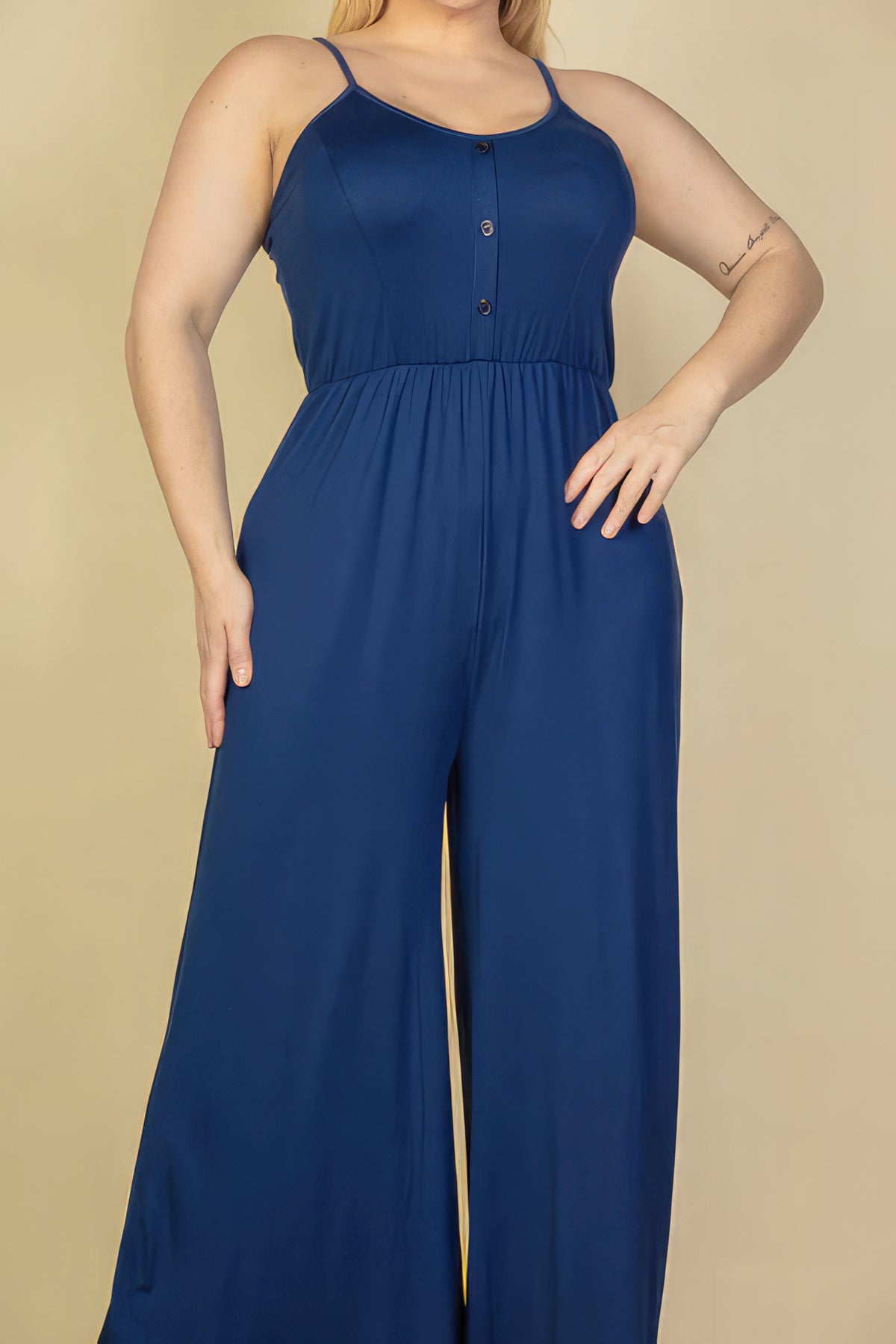 Women's Plus Size Navy Blue Wide Leg Jumpsuit Button Front spaghetti sleeves Long Pants Romper