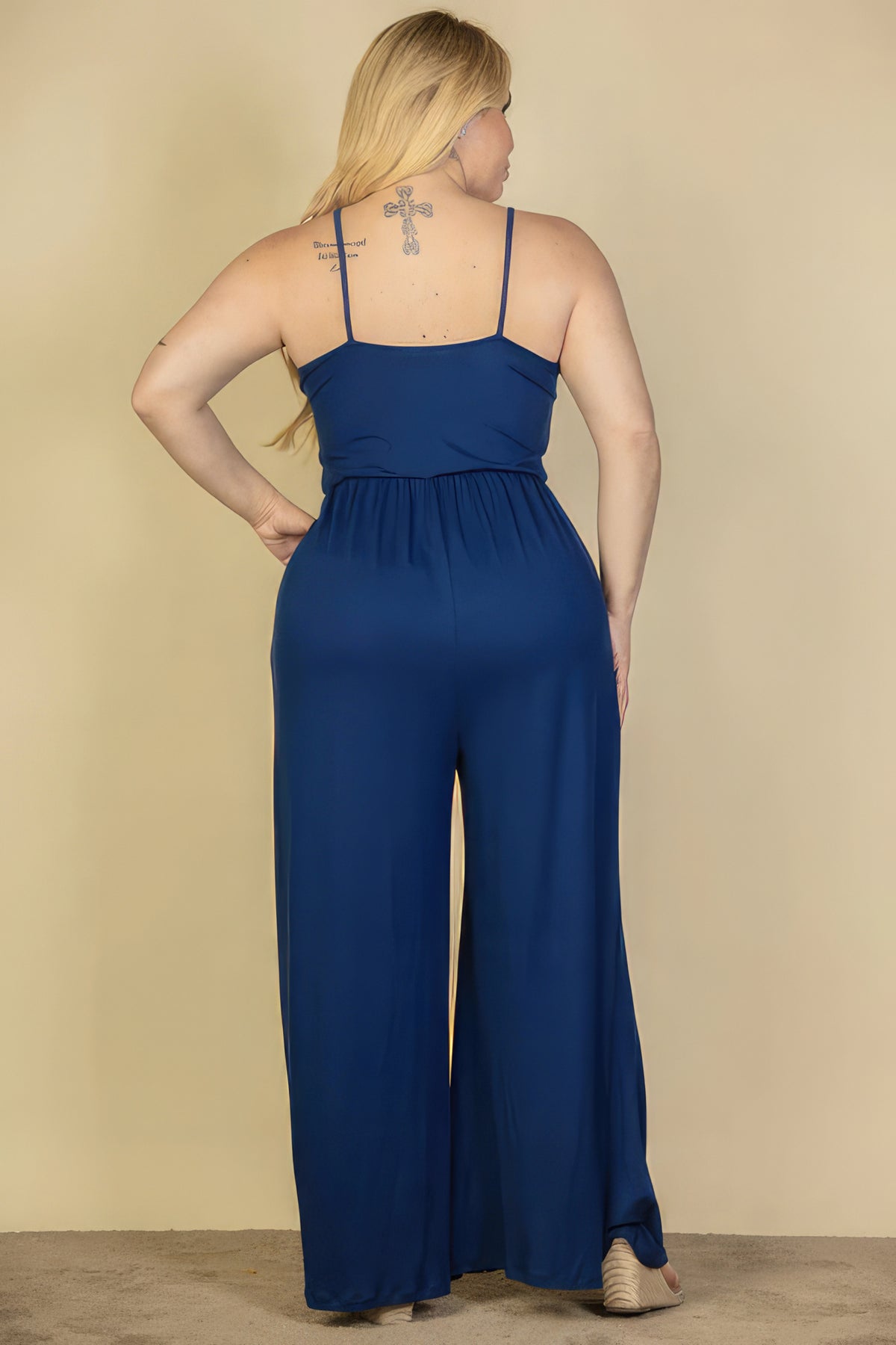 Women's Plus Size Navy Blue Wide Leg Jumpsuit Button Front spaghetti sleeves Long Pants Romper