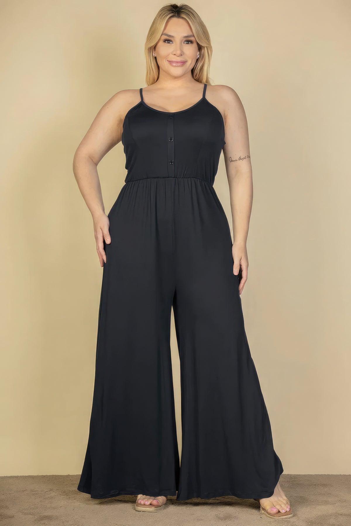 Plus Size Wide Leg Jumpsuit Button Front spaghetti Sleeves Long Pants Romper