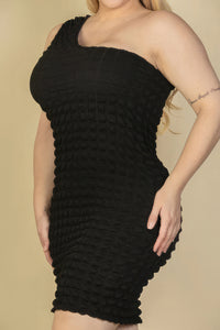 Plus Size Bubble Fabric Black One Shoulder Bodycon Mini Dress