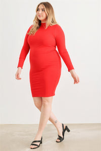 Red Plus Size Dress Casual Ribbed Long Sleeve Mock Neck Cut-out Back Midi Dress