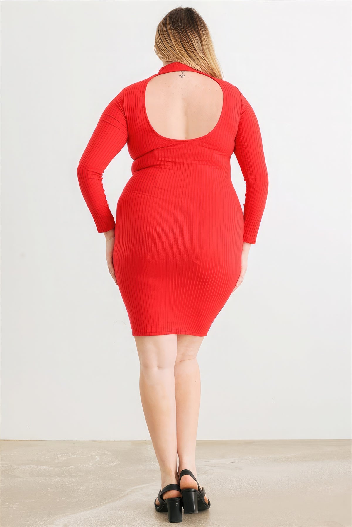 Red Plus Size Dress Casual Ribbed Long Sleeve Mock Neck Cut-out Back Midi Dress