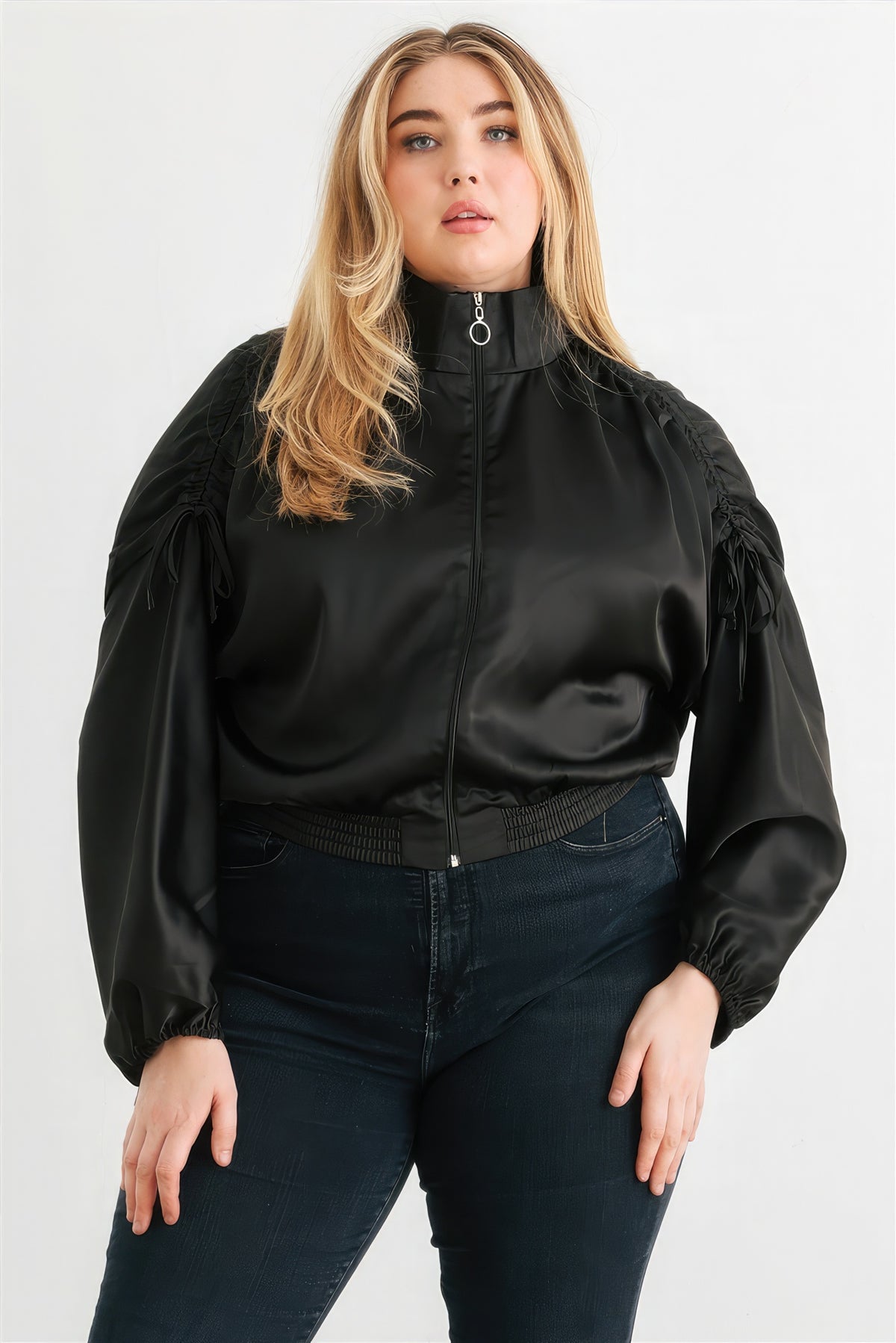 Black Plus Size Jacket Women's Fashion Satin Zip-up Ruched Long Sleeve Cropped Bomber Jacket