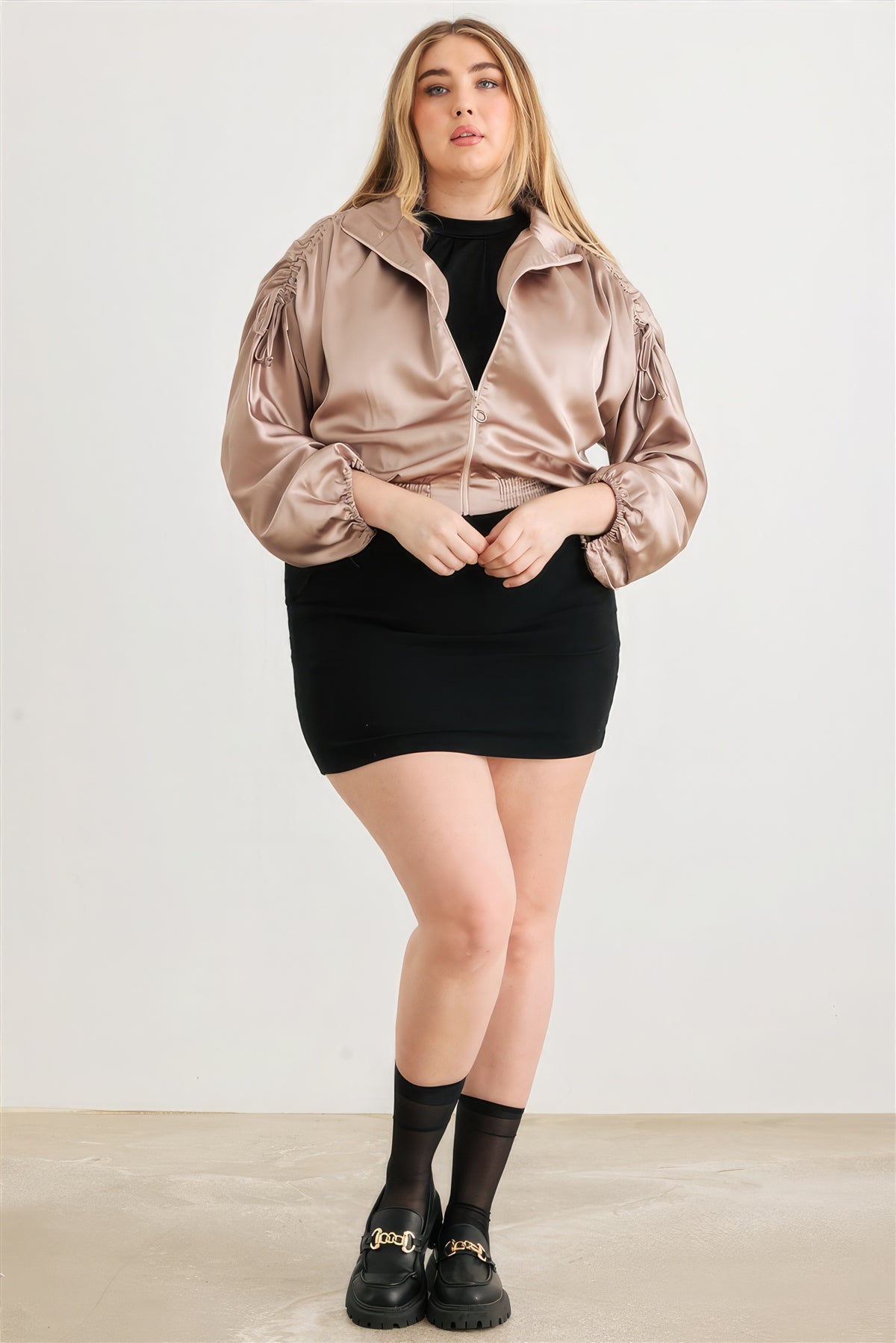 Plus Size Jacket Womens Fashion Satin Zip-up Ruched Long Sleeve Cropped Bomber Jacket