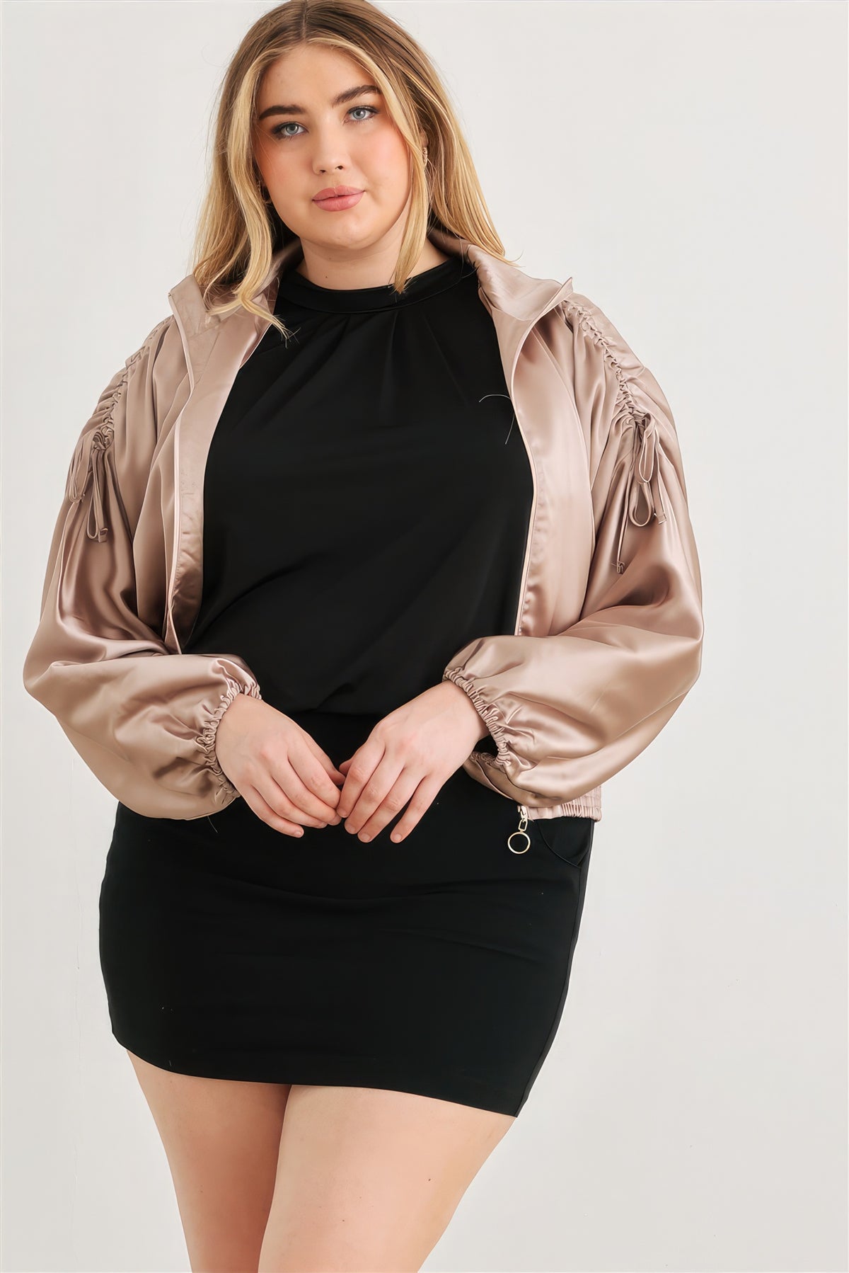 Plus Size Jacket Womens Fashion Satin Zip-up Ruched Long Sleeve Cropped Bomber Jacket