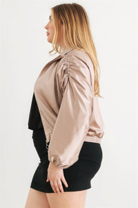 Plus Size Jacket Womens Fashion Satin Zip-up Ruched Long Sleeve Cropped Bomber Jacket