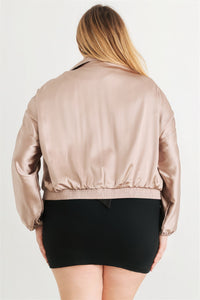 Plus Size Jacket Womens Fashion Satin Zip-up Ruched Long Sleeve Cropped Bomber Jacket