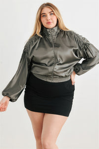 Plus Size Light Jacket Satin Zip-up Ruched Long Sleeve Cropped Bomber Jacket Women's Fashion