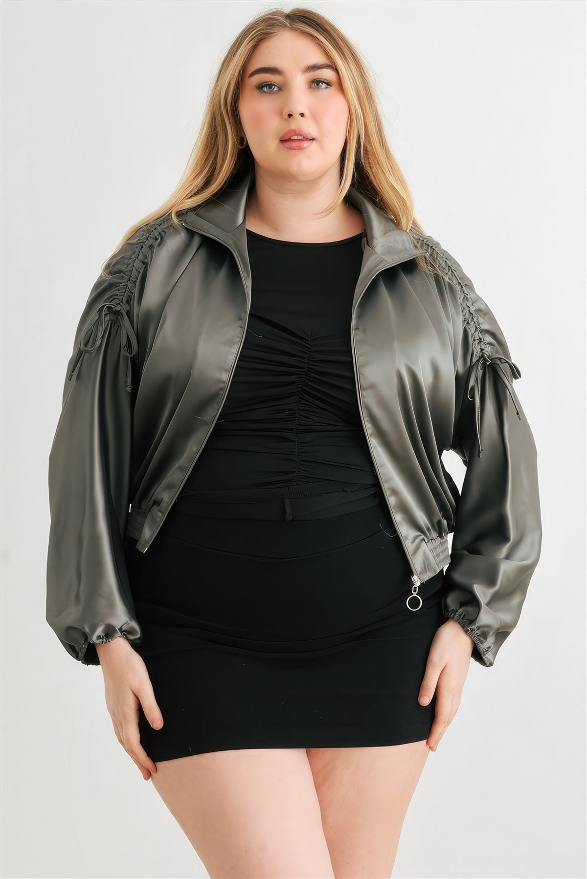 Plus Size Light Jacket Satin Zip-up Ruched Long Sleeve Cropped Bomber Jacket Women's Fashion