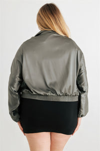 Plus Size Light Jacket Satin Zip-up Ruched Long Sleeve Cropped Bomber Jacket Women's Fashion