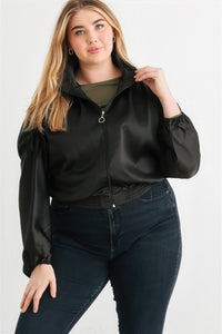 Black Plus Size Jacket Women's Fashion Satin Zip-up Ruched Long Sleeve Cropped Bomber Jacket