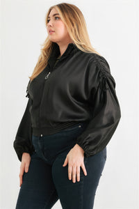 Black Plus Size Jacket Women's Fashion Satin Zip-up Ruched Long Sleeve Cropped Bomber Jacket