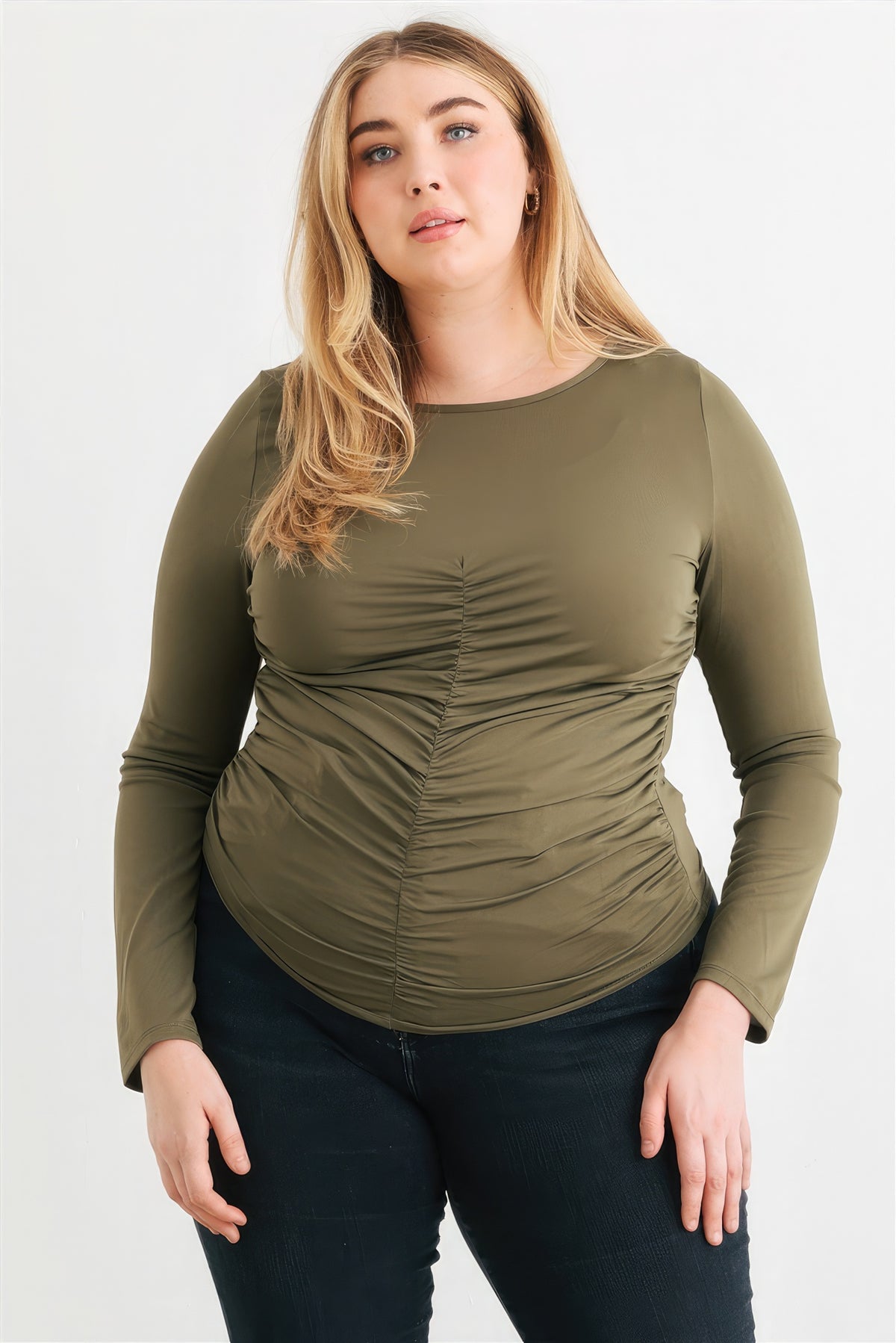 Olive Green Blouse Plus Size Women's Fashion Ruched Long Sleeve T Shirt