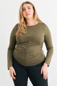 Olive Green Blouse Plus Size Women's Fashion Ruched Long Sleeve T Shirt