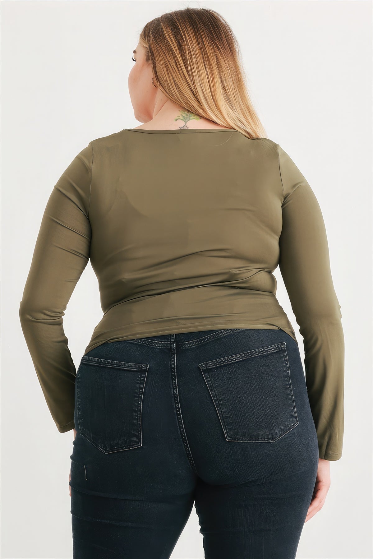 Olive Green Blouse Plus Size Women's Fashion Ruched Long Sleeve T Shirt