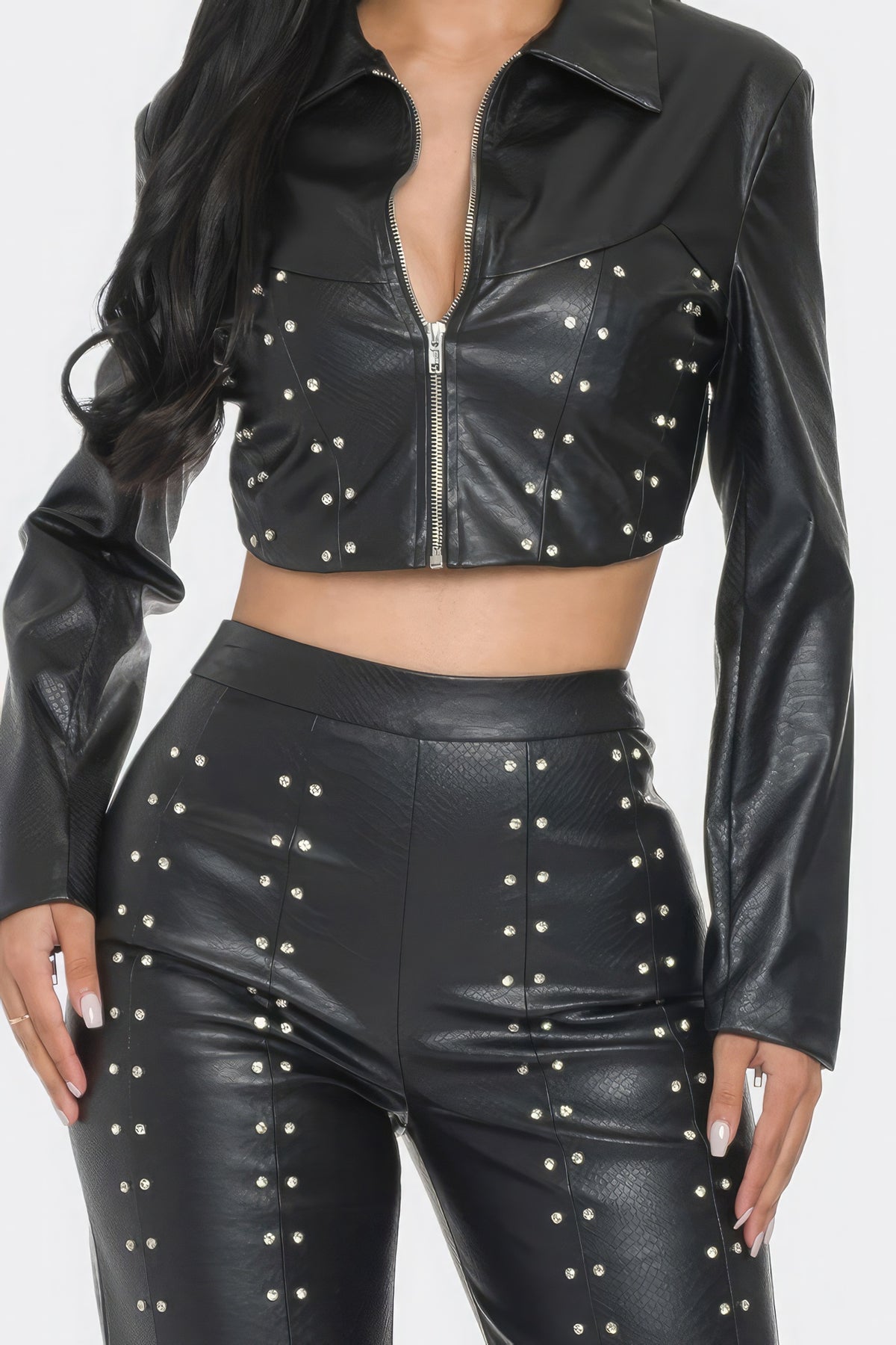 Matching Outfit Set Faux Black Leather Pants and Leather Cropped Top Jacket With Rhinestone Detail Women's Fashion Sets KESLEY