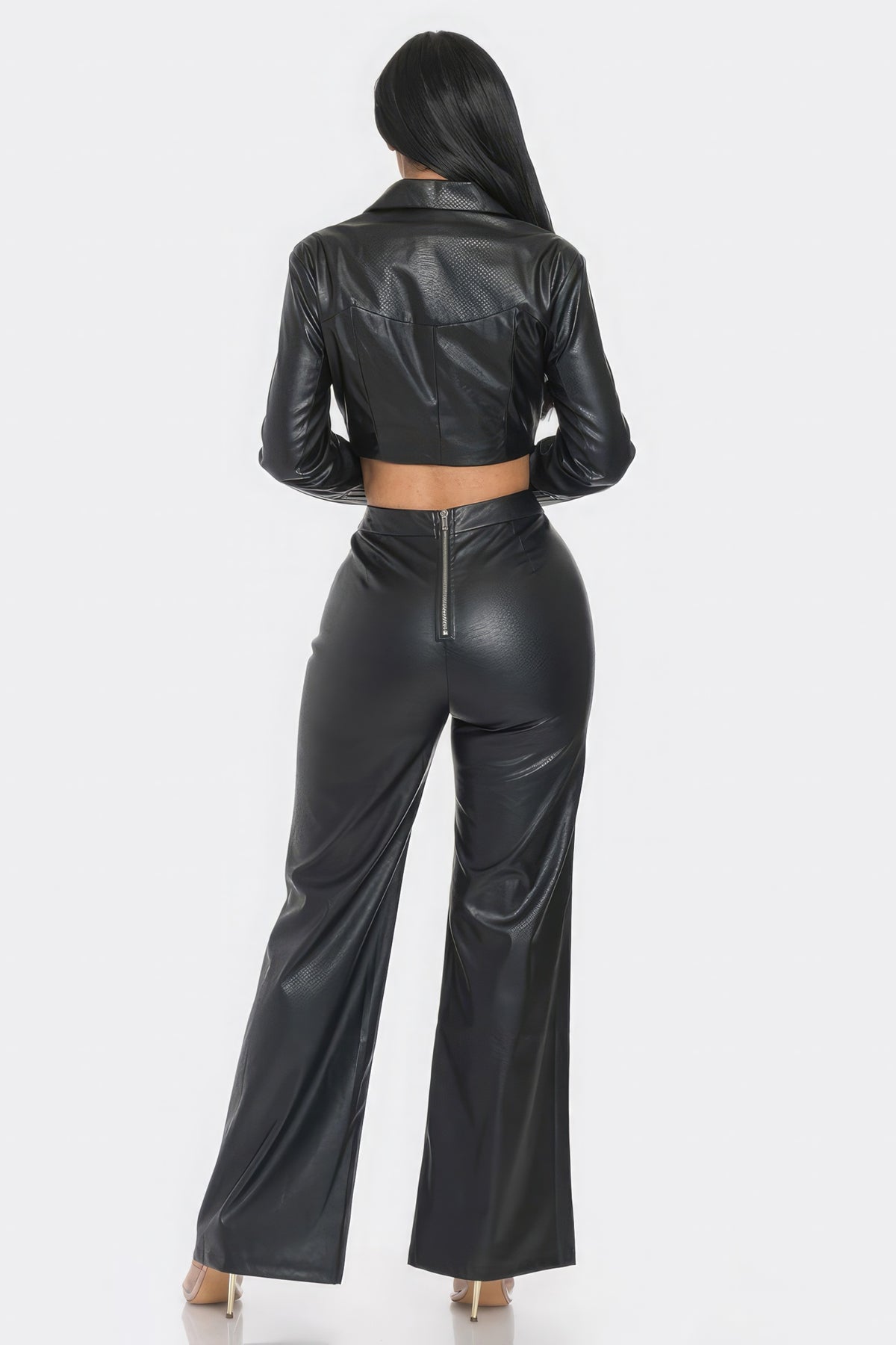 Matching Outfit Set Faux Black Leather Pants and Leather Cropped Top Jacket With Rhinestone Detail Women's Fashion Sets KESLEY